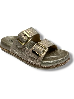 Enova Z186-26 Simli Baskı Deri Taşlı Çift Tokalı Anatomik Kadın Terlik