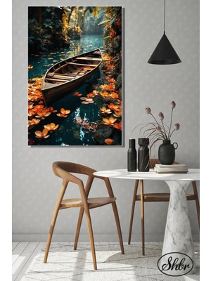 Şehzat Tekli Dikey Kanvas Dekoratif Salon Yatak Odası Mutfak Ofis Duvar Tablosu Kayık Lotuslar Manzara