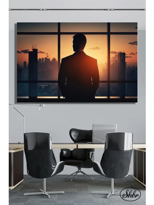 Şehzat Tekli, Yatay, Kanvas, Dekoratif, Duvar, Tablosu , Gece, Camdan Bakan Iş Adamı,