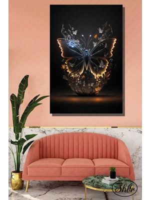 Şehzat Tekli Dikey Kanvas Dekoratif Duvar Tablosu Siyah Fonda Altın Effektli Kelebek Illüstrasyon