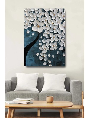 Şehzat Beyaz Çiçekler Dekoratif Kanvas Duvar Tablosu