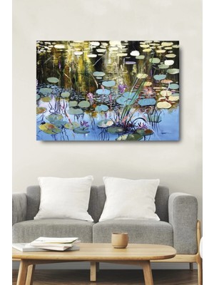 Şehzat Renkli Yapraklar ve Göl Dekoratif Kanvas Duvar Tablosu Ev Ofis Hediyelik Tablo