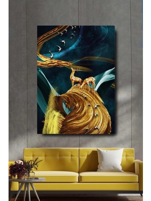 Şehzat Dekoratif Soyut Altın Geyi ve Kuşlar Sürreal Kanvas Duvar Tablosu