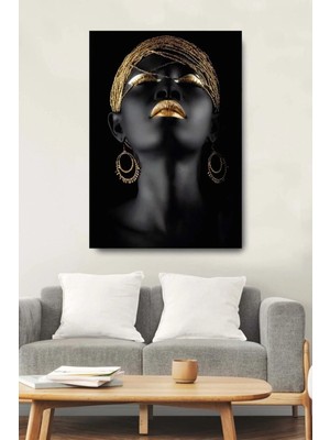 Şehzat Siyahi Kadın Altın Gold Oje ve Rujlu Dekoratif Kanvas Duvar Tablosu Ev Ofis Hediyelik Tablo