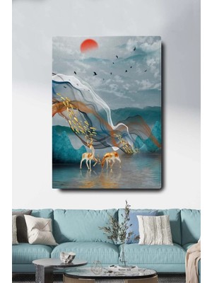 Şehzat Dekoratif Soyut Altın Geyik Uçan Balık ve Kuşlar Sürreal Kanvas Duvar Tablosu