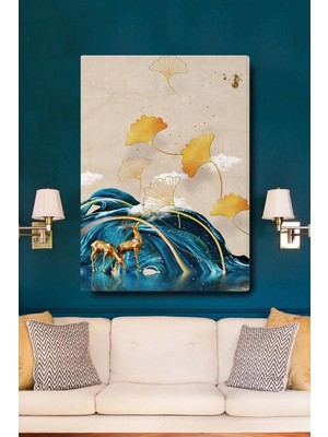 Şehzat Dekoratif Soyut Altın Geyik ve Deniz Sürreal Kanvas Duvar Tablosu