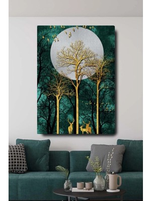 Şehzat Dekoratif Soyut Altın Geyik Ağaç ve Kuşlar Sürreal Kanvas Duvar Tablosu