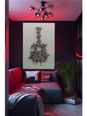 Şehzat Gitar Desenli Renkli Ahşap Kanvas Tablo