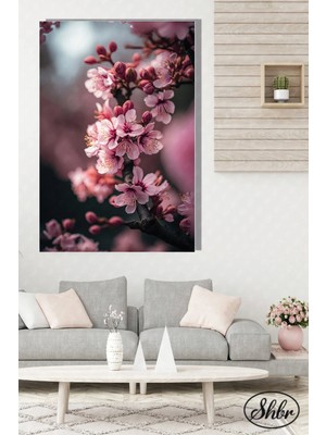 Şehzat Tekli Dikey Kanvas Dekoratif Duvar Tablosu Pembe Çiçekli Ağaç Dalı