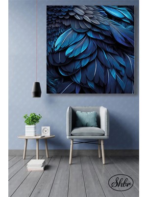 Şehzat Tekli Kare Kanvas Dekoratif Duvar Tablosu Salon Yatak Odası Mutfak Kafe Ofis Mavi Tüyler