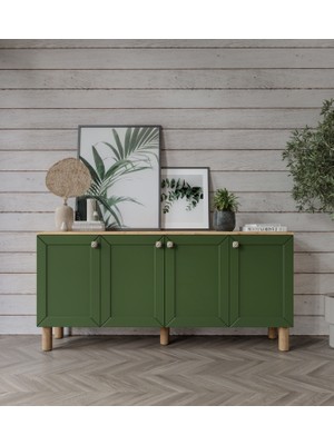 Kznmob Home Alice Çok Amaçlı Membran Kapaklı Bohem Konsol Koyu Yeşil-Meşe, Bohem Salon Mobilyası - Tamamı Mdf