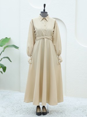 Modamorfo Yarım Düğmeli Beli Bağlamalı Elbise -Açık Vizon