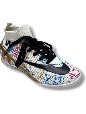 Walked 041-26 Çoraplı Erkek Halı Saha Ayakkabı Beyaz Siyah