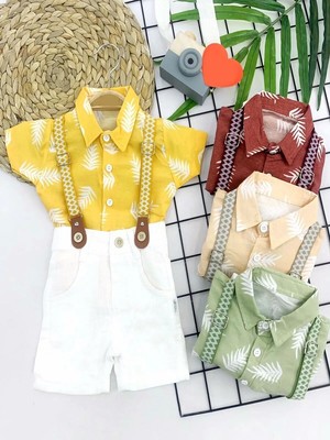 SHC4200 9-12-18-24 Ay Pamuk Keten Kumaş Gömlek Lastik Askılı 2li Erkek Bebek Takımı Bej