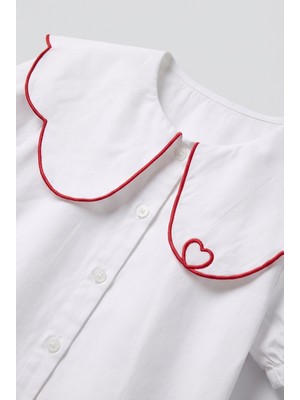 Magu Kız Çocuk Pamuklu Beyaz Kalp Nakışlı Gömlek ve Kırmızı Tül Etek Takım