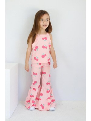 Magu Kız Çocuk Pamuklu Askılı  T-Shirt Kiraz  Desenli Ispanyol Paça Alt-Üst Takım
