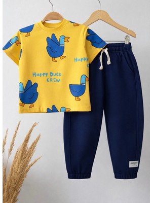 Magu Erkek Çocuk Pamuklu Bej Ördek Desenli T-Shirt Takım - Lacivert Eşofman 2'li Set