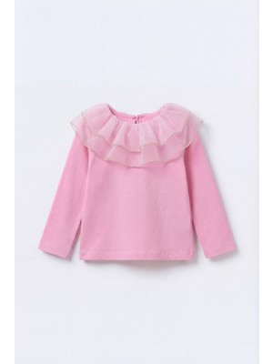 Magu Kız Çocuk Pamuklu Pembe Tül Volan Yaka Bluz - Gold Şerit Detaylı