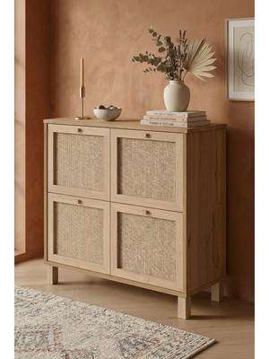 Robin Home Arizona Ayakkabılık Çok Amaçlı Dolap Ahşap Ayaklı Ahşap Jüt Kapaklı Sepet-Jüt