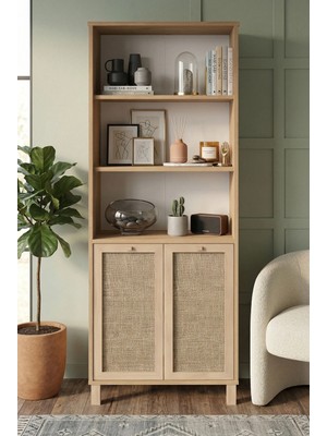 Robin Home Arizona Kitaplık Raf Ahşap Ayaklı 180CM Ahşap Jüt Kapaklı Sepet-Jüt