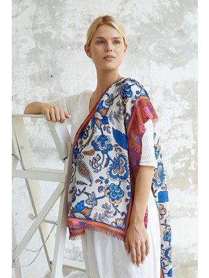 Afvente Çiçek Desen Turuncu Soft Pamuk Şal - Bej