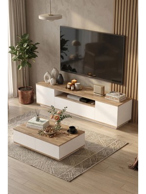 Robin Home Loft Tv Ünitesi Orta Sehpa 2'li Set Çam-Beyaz