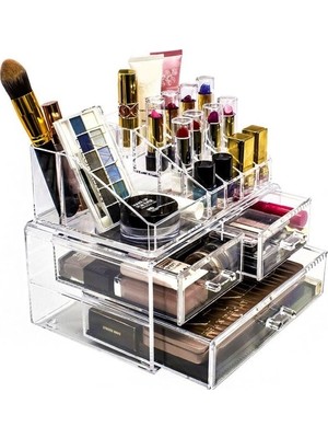 Meleni Home 2 Katlı Şekilli Çekmeceli Makyaj Kozmetik Takı Düzenleyici Organizer Şeffaf