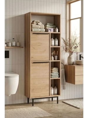 Robin Home Lidya Banyo Dolabı Çok Amaçlı Dolap 2 Kapaklı Metal Ayaklı Sepet