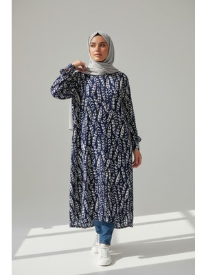Ece Giyim Kadın Önü Düğmeli Yırtmaçlı Desenli Kolağzı Lastikli Büyük Beden Tunik Gömlek