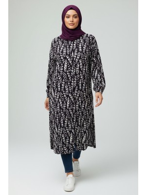 Ece Giyim Kadın Önü Düğmeli Yırtmaçlı Desenli Kolağzı Lastikli Büyük Beden Tunik Gömlek