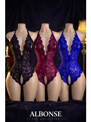 albonse Siyah Bordo Saks Dantel Detaylı Sırtı Açık Fantezi Gecelik 3’lü Set