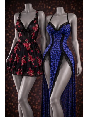 albonse Mavi Leopar Desenli Yırtmaçlı Uzun Gecelik & Transparan Gül Desenli Babydoll Takımı