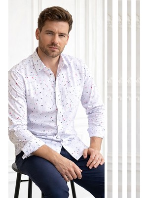 Varetta Beyaz Gömlek Uzun Kollu Cepli Geniş Kesim Oxford Kaliteli Kumaş Baskılı