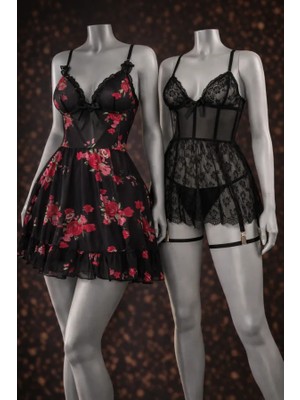 albonse Siyah Tül Gül Desenli Babydoll Gecelik & Dantel Detaylı Jartiyer Set