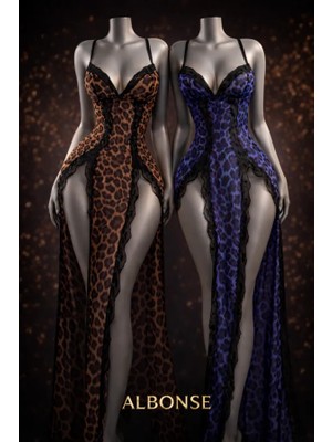 albonse Leopar Desenli Yırtmaçlı Fantezi Gecelik & G-String Tanga Dahil 2’li Set