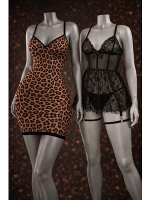 albonse Leopar Desenli Çapraz Askılı Fantezi Gecelik & Siyah Kelebek Baskılı Gecelik 2’li Set