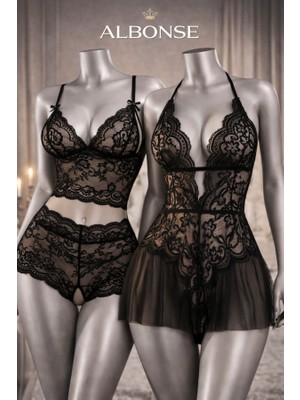 albonse Siyah Kırmızı Dantel Detaylı Fantazi Gecelik Takımı 2’li Set Avantaj Paket
