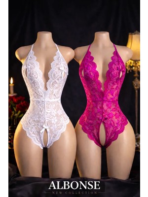 albonse Fuşya Beyaz Dantel Detaylı Sırtı Açık ve Özel Bölgesi Açık Fantezi Gecelik