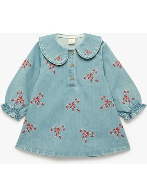 Koton Pamuklu Uzun Kollu Bebe Yaka Fiyonk Nakışlı Denim Elbise