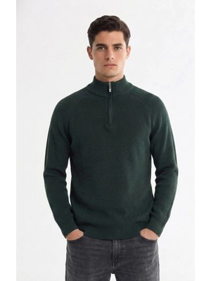 Sabri Özel Haki Slim Fit Dokulu Fermuarlı Yarım Balıkçı Yaka Erkek Triko Kazak