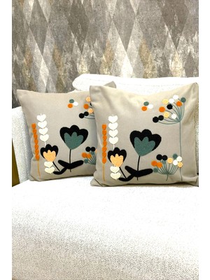 Zeora Home 2’li Dekoratif Pamuklu Kırlent Kılıfı Çiçek Desenli Punch Modern Bohem Etnik Salon Çift Katlı Kumaş