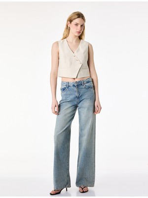 Koton Viskon Kupro Kumaş Asimetrik Kruvaze Crop Yelek