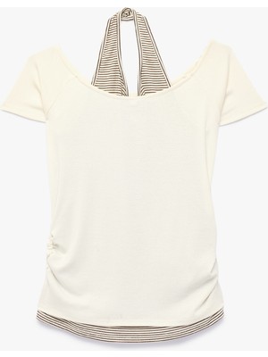 Koton Viskon Karışımlı Kayık Yaka Kısa Kollu Slim Fit Crop Tişört