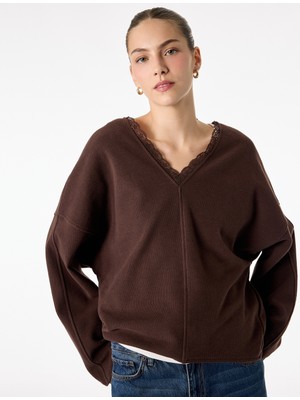 Koton Uzun Kollu Dantel Detaylı V Yaka Sweatshirt