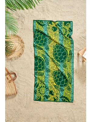 Özdilek Nice Plaj Havlusu 70x150 cm Tekil Kullanım için Yeşil Turtles Desenli