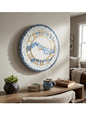 Duvar Saati - 35CM - Modern Dekoratif Duvar Saati - Epoksi Duvar Saati - El Yapımı Duvar Saati - Gold - Beyaz - Mavi Şık Duvar Saatleri
