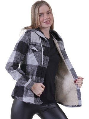 Exve Exclusive Mavi Beyaz Ekose Kareli Içi Kürklü Çift Göğüs Cepli Kadın Rahat Bol Kesim Kapüşonlu Ceket Gömlek
