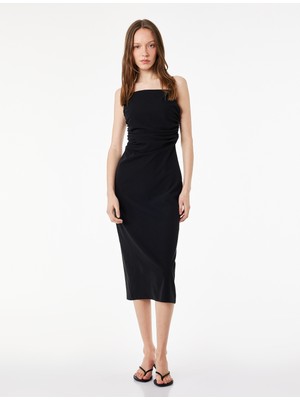 Koton Slim Fit Kare Yaka Ip Askılı Bodycon Midi Drapeli Elbise