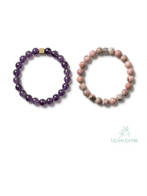 Uçan Geyik Pembe Kuvars Ametist Doğal Taş Bileklik Seti 8mm - Ruhsal Denge, Stres Azaltma - Esnek Tasarım