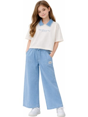 İrem Çocuk Giyim Kız Çocuk Anywhere Yazılı Kot Yakalı Tişört Kot Pantolon Oversize Kalıp İkili Takımı
